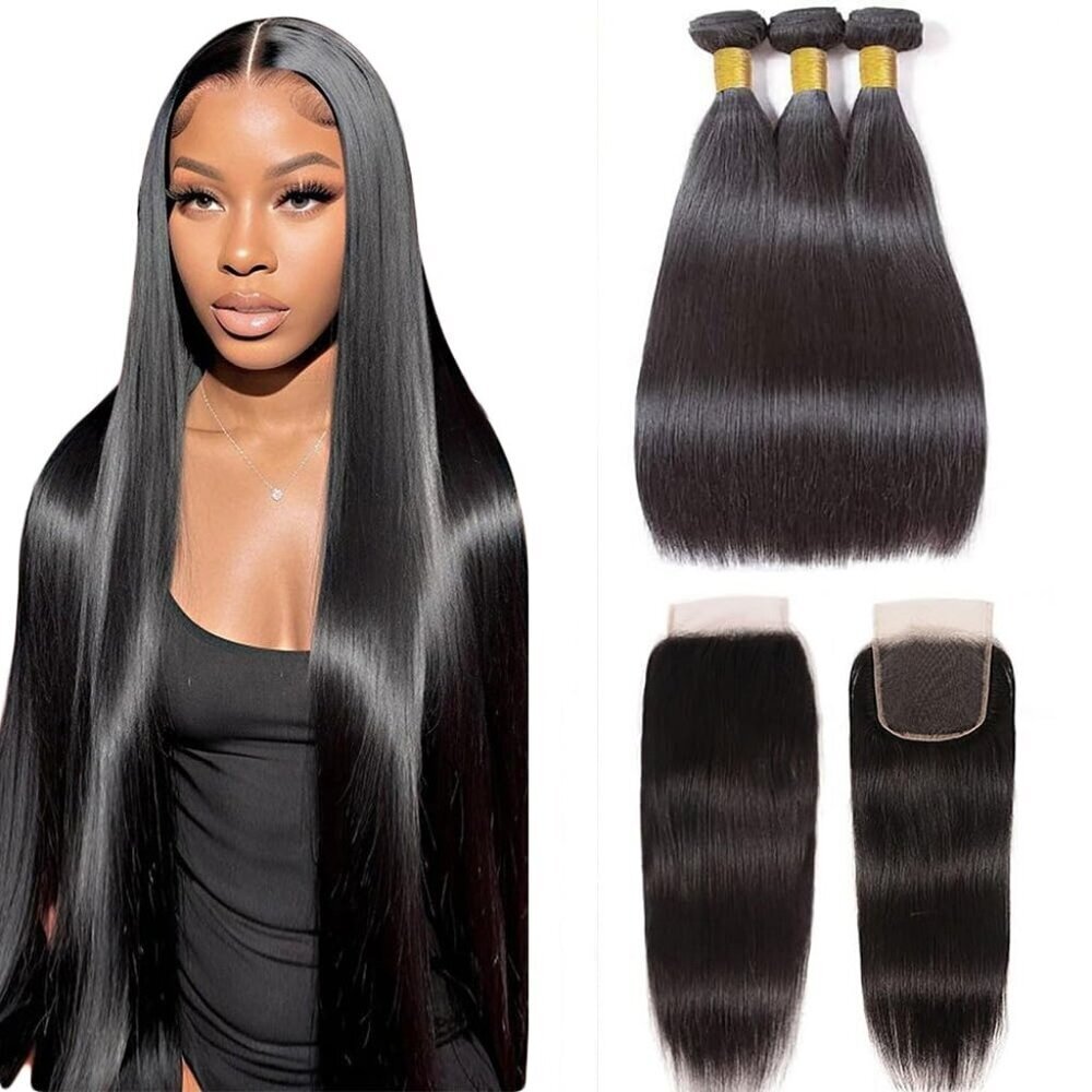 Straight Human Hair Bundles with Closure 20 22 24 Inches Brazilian Virgin